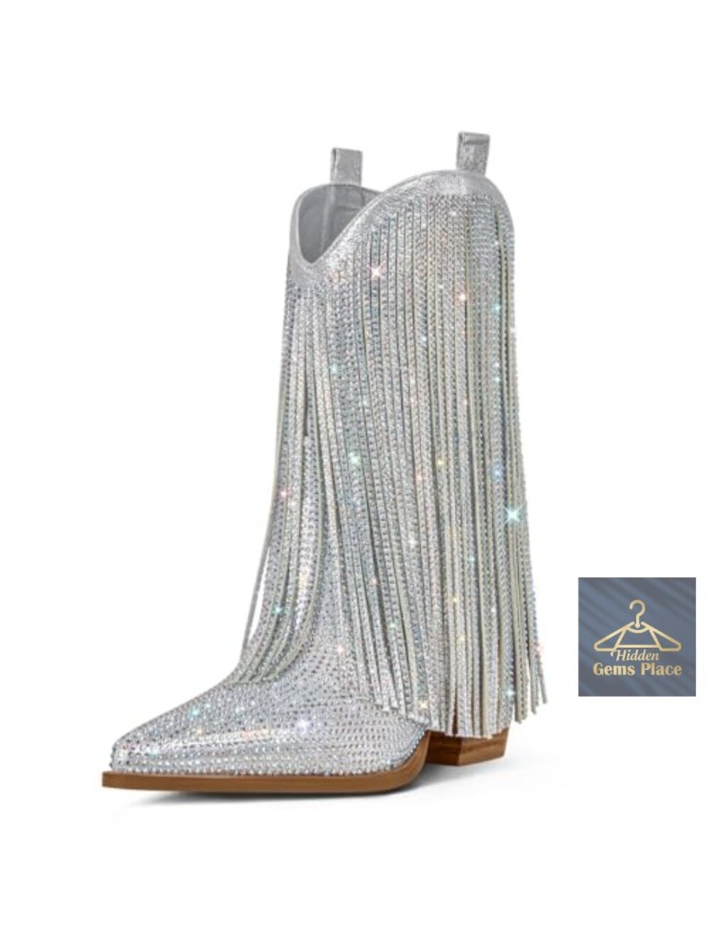 Cowgirl Boots with Fringe Rhinestone Studded Pull-On Stacked Heel Western
